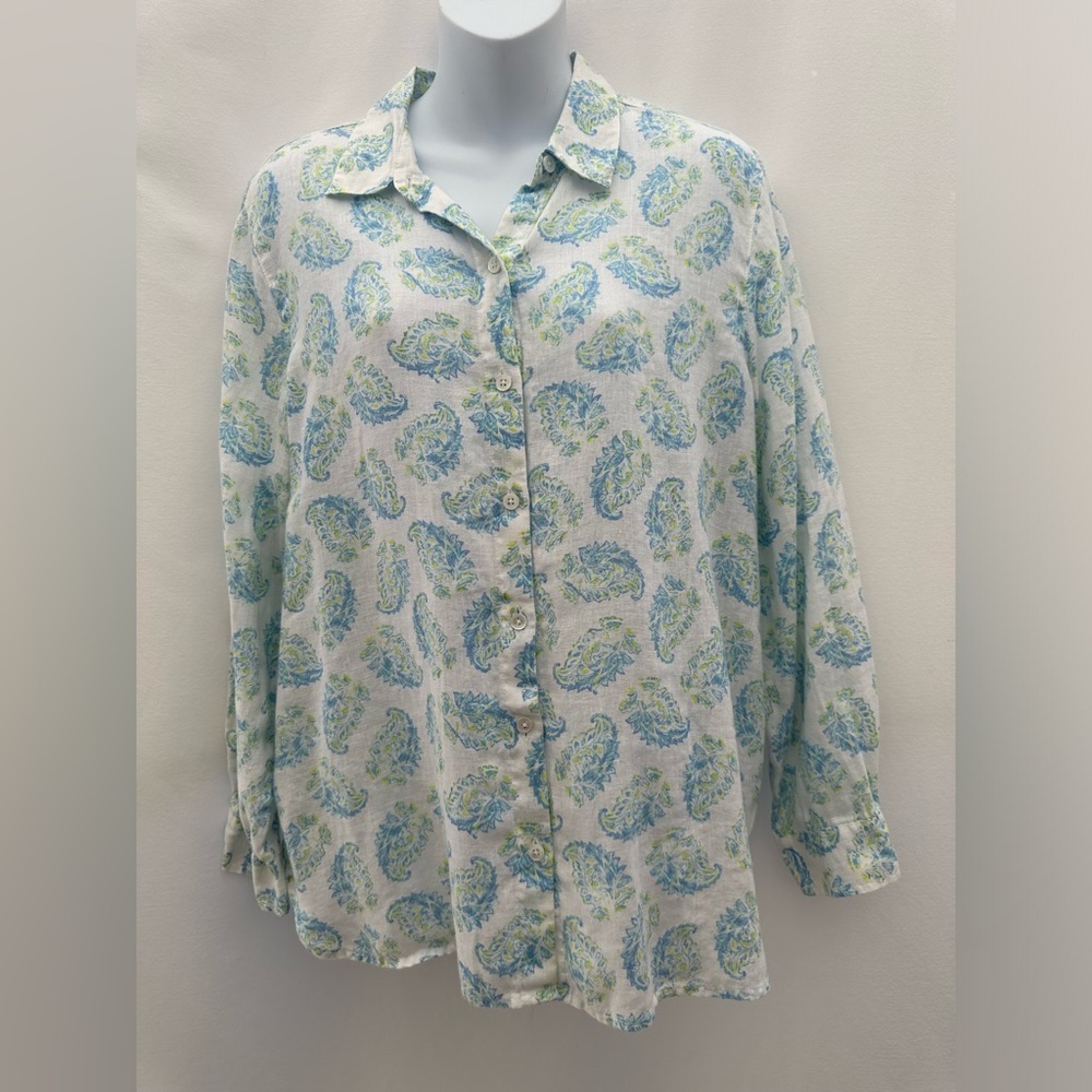 J. Jill Blue and Green Paisley Women's Top 100%linen #A2